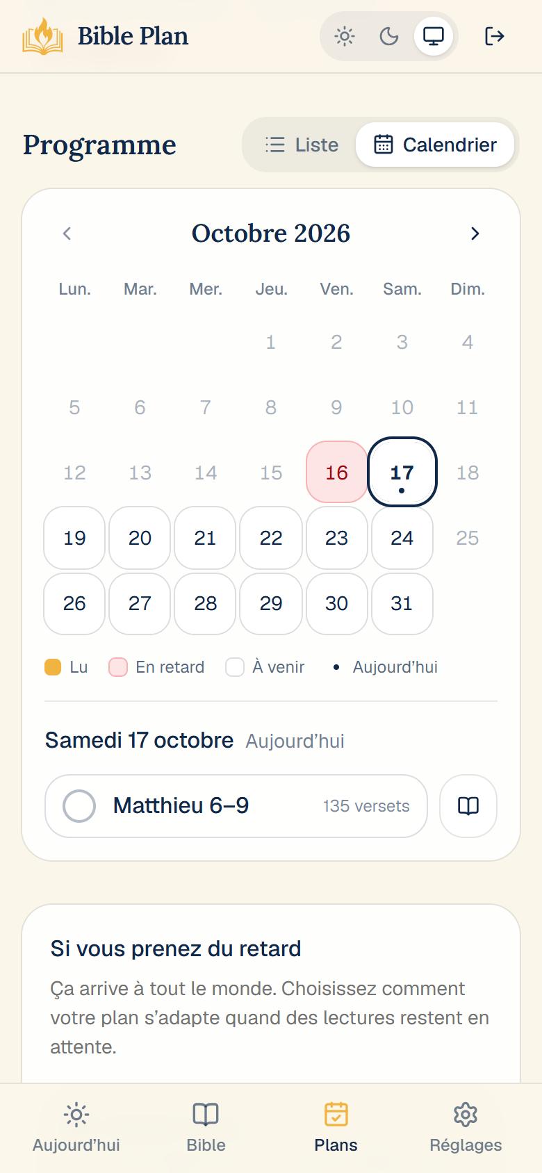 Calendrier du plan : lectures lues, en retard et à venir