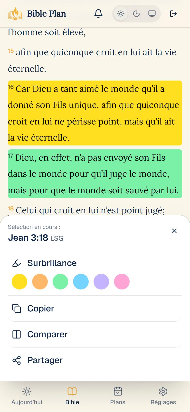 Lecteur biblique avec versets surlignés et menu de sélection