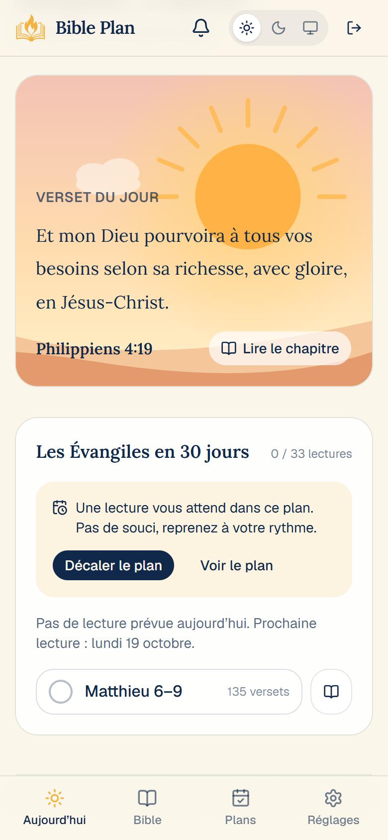 Page Aujourd'hui : verset du jour et lecture du plan en cours